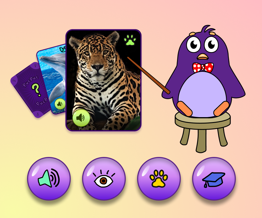 image of a purple penguin showcasing the app PucPuc, which is a fun educational app where kids explore animals through sounds and interactive games while learning along the way.
